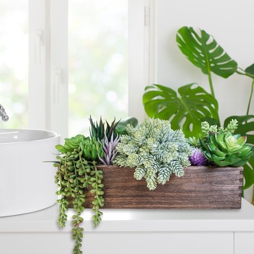 Winlyn 15" Assorted Artificial Succulent Arrangement Assorted Succulents in Rectangular Wooden Planter Faux Potted Plant for Farmhouse Table Centerpiece Windowsill Shelf Desk Mantel Greenery Décor