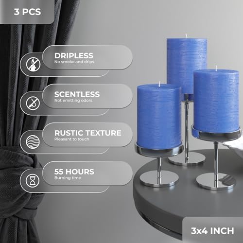 CANDWAX 3x4 inch Pillar Candles Set of 3 – Unscented Dripless Rustic Blue Candles for Home Styling, Parties, Weddings, Decor