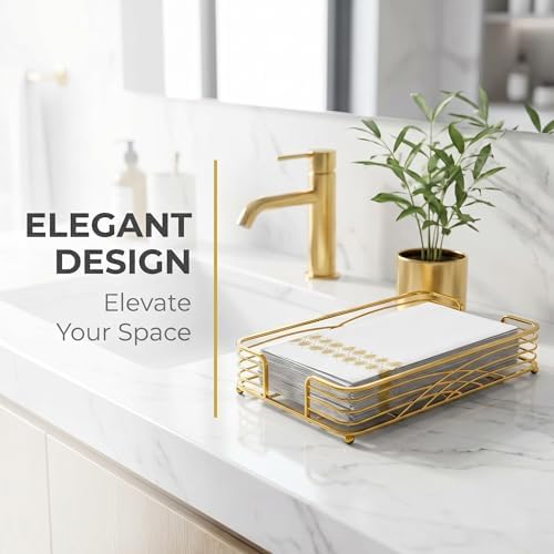 Guest Hand Towel Holder Tray for Bathroom Countertop, Gold Metal