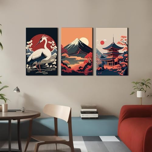 Vintage Japanese Canvas Wall Art Red and Black Japanese Posters Sunset Fuji Mountain Pictures Wall Decor White Crane Paintings Retro Asian Artwork for Living Room Office Home Decorations 16x24" 3Pcs