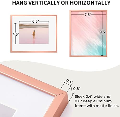 8x10 Inch Metal Picture Frame - Aluminum Photo Frames - 5x7 Mat - High Definition Tempered Glass - Ideal for Wall or Tabletop Display - Wall Hook Hanging Hardware Included - Rose Gold - Set of 1