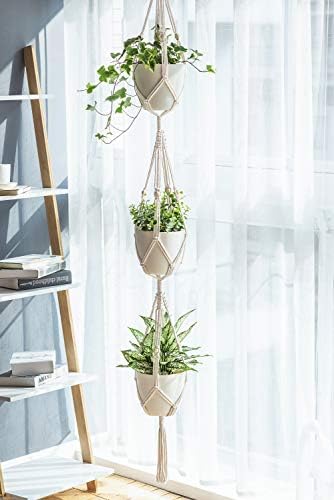 Mkono Macrame Plant Hanger 3 Tier Indoor Outdoor Hanging Planter Basket Cotton Rope with Beads 70 Inches (Pots and Plants NOT Included) (Pack of 3)