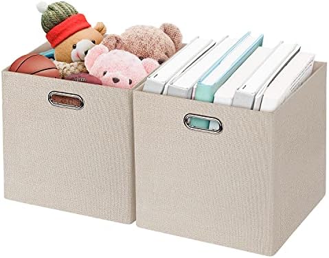 Posprica Foldable Storage Bins,13×13 Storage Cubes Basket Containers for Shelf Cabinet Bookcase Boxes,Thick Fabric Drawers - Set of 2, Beige