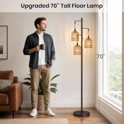 70’’ Tall Floor Lamp for Living Room, 3-Light Rattan Standing Lamp, Brown