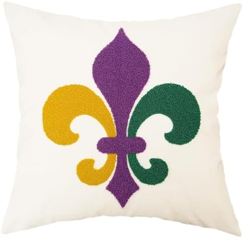 GEEORY Mardi Gras Cotton Embroidered Fleur de Lis Pillow Cover 18x18 Inch, Mardi Gras Decorations Farmhouse Home Decor Canvas Cushion Case for Living Room, Sofa & Bed GX018-1-18