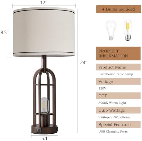 SRJJA Farmhouse Table Lamps for Living Room Bedroom Set of 2 - Rustic Industrial Bedside Lamps for Night Stands with USB A+C, 24" Vintage Nightstand Lamp with Night Light, Bulbs Included
