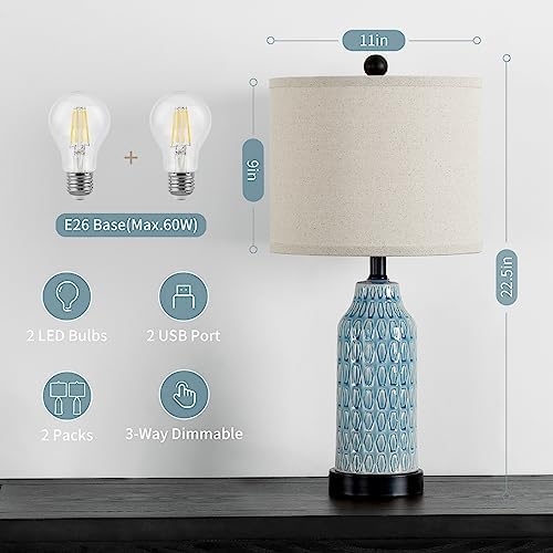 Cinkeda Ceramic Table Lamps for Bedroom Set of 2,Touch Lamp with USB Ports for Nightstand, 3-Way Dimmable Blue Coastal Bedside Lamps for Bedroom Living Room End Table Side Table(Bulbs Included)