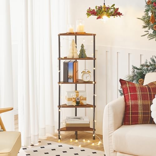HOOBRO Corner Shelf Stand, Industrial 5-Tier Corner Bookshelf with Metal Frame, Plant Display Shelf, Small Bookcase for Small Spaces, Bedroom, Living Room, Rustic Brown BF33CJ01