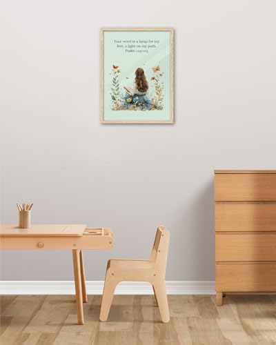 KensTro 12x16 Oak Framed Psalm 119:105 Christian Wall Art | Natural Oak Wood Frame with Bible Reading Meadow Illustration and Psalm 119:105 Scripture for Bedroom, Office or Prayer Space