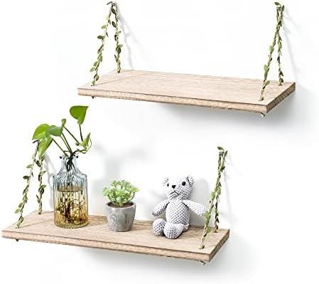 Leaf Rope Hanging Wall Floating Shelves, 2-Pack (Light Color)
