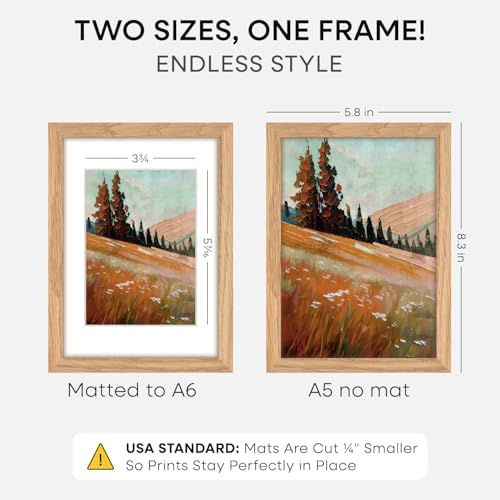 Homeforia A5 Natural Oak Picture Frame, High-End Wood, A6 Mat, Glass