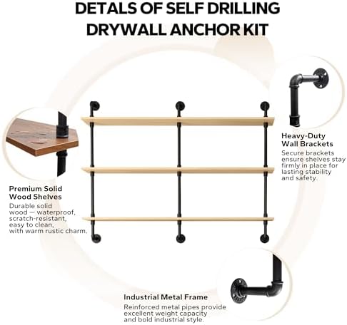 3-Tier Industrial Pipe Floating Shelf – Rustic 60 inch Wood Wall-Mounted Storage Shelf for Kitchen Office,Bathroom & Home Decor -White