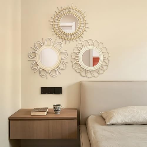 Briful Beige Wall Mirrors Decor Set of 3 Wooden Round Wall Mirrors Wall-Mounted Sunburst Mirrors Hanging Wall Art for Living Room Home Indoor Bedroom Decor