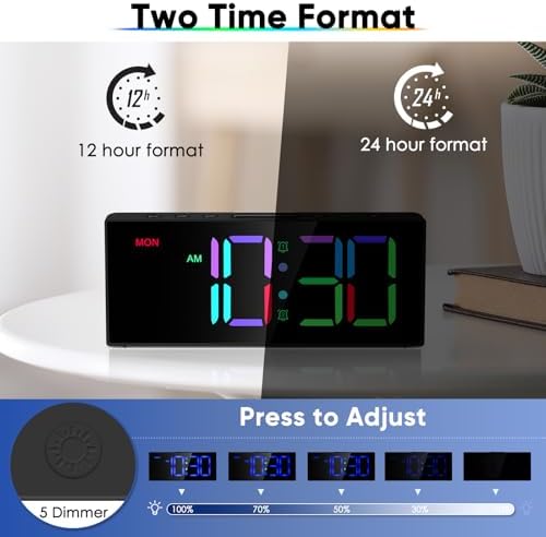 Tetino Alarm Clock for Heavy Sleepers, Digital Clocks with Adjustable Volume Brightness,Snooze,Battery Backup, Large Numbers Display RGB Colorful Changing Clock for Bedrooms,Office Living Rooms