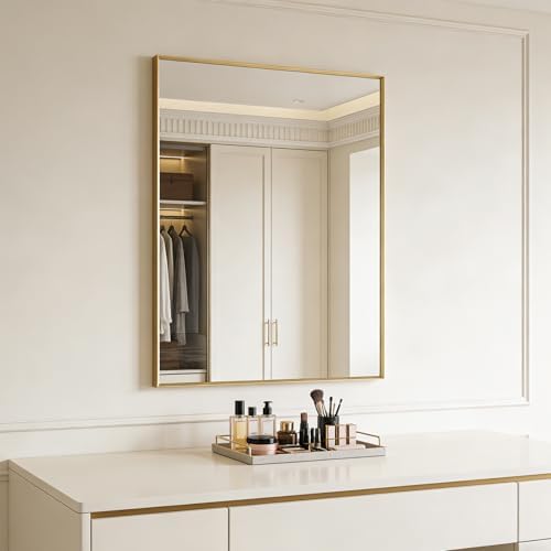 Bathroom Mirror for Wall, 40x30 Inch Framed Vanity Mirror Brushed Gold | Rectanglar Metal Beveled Framed Mirror for Over Sink, Tempered Glass, Anti-Rust, Hangs Horizontally or Vertically