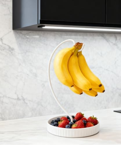 VROOMIUM Banana Holder Stand, Ceramic Bowl Easy Clean, Fruit Basket, White