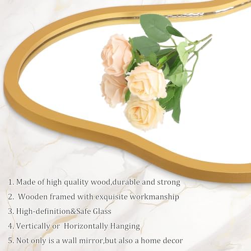 AAZZKANG Large Wall Mirror with Wood Framed 26"x16" Gold Irregular Hanging Mirrors Asymmetrical for Bathroom Bedroom Living Room Entryway