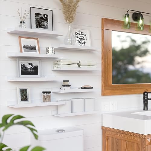 RICHER HOUSE 8 Set Floating Wall Mounted Shelves, Nursery Hanging Book Shelves with Lip for Storage, White Display Picture Ledge Shelf for Bedroom Bathroom Kitchen Living Room Wall Decor, Modern White