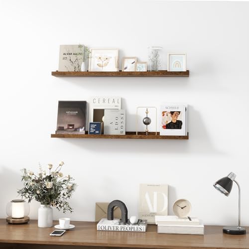 Acovy 36 inch Picture Ledge Shelf, Wood Floating Shelves, Brown, Set of 2