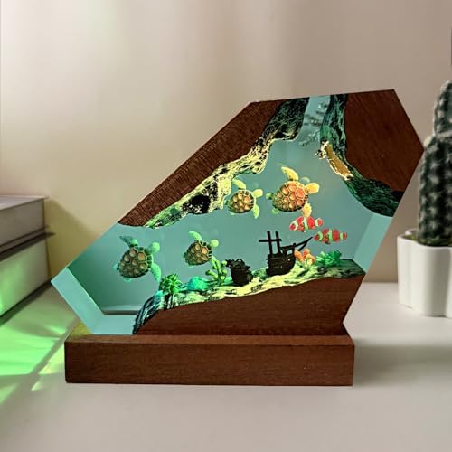 Handmade Turtles Resin Ocean Lamp with Wood Base
