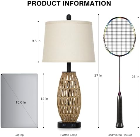 CINSARY 27" Boho Rattan Table Lamp with Night Light, Wicker Bedside Lamp with USB A+C Charging Port, Woven Coastal Bedroom Lamps for Nightstand, Tall Farmhouse Lamps for Living Room Single