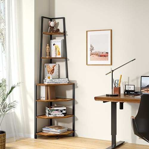 VECELO 6 Tier Corner Shelf 69 Inch Industrial Bookshelf with Metal Frame, Multipurpose Tall Plant Stand with Opening Display Shelves for Living Room, Bedroom, Home Office, Small Space, Brown