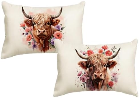 Highland Cow Decorative Throw Pillow Covers with Floral 12x20 Inch Farmhouse Scottish Cattle Boho Farm Animal Cushion Cover Spring Summer Cows Flowers Lumbar Pillowcase 2Pack for Couch Sofa