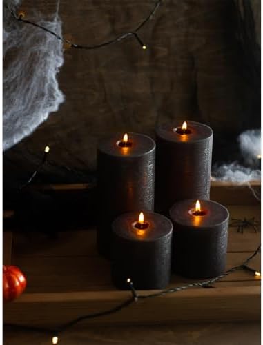 CANDWAX 3x3 Pillar Candles Set of 3 - Rustic Unscented No Drip Black Candles for Halloween Decor, Parties, Gothic Décor