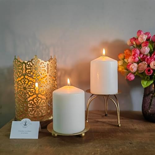 Hosley® Iron Pillar Candle Holders 4 Inch Diameter Tripod Stand Table Centrepiece Perfect for Home Decor, Wedding, Parties, Living Room Pack of 2, Gold