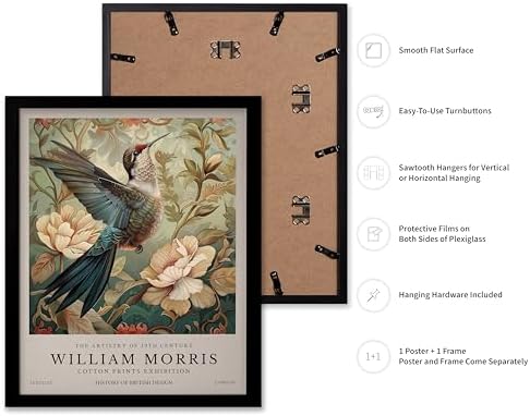 Poster Master William Morris Poster - Hummingbird Print - Bird Art - Botanical Art - Flower Design - Exhibition Artwork - Animal Illustration - Floral Illustration - Aesthetic Office or Bedroom Decor - 16x20 Black Framed