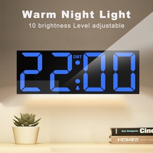 JALL 22" Large Digital Wall Clock, Big LED Number Dispaly, DST, Night Light for Classroom, Living Room, Bedroom, Mounted, Birthday Xmas Gift for Senior, Mem Womem Mom Dad, Blue