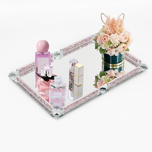 Mirror Perfume Tray for Dresser,Pink Crushed Diamond Filled