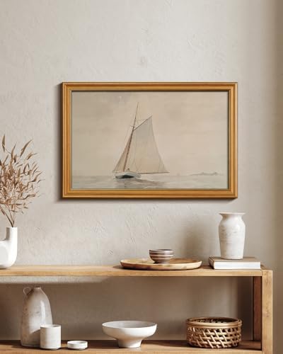 WHASAYART Gold Framed Vintage Wall Art for Living Room, Seaview Painting Prints Shelf Decor for Kitchen, Aesthetic Bedroom Large Wall Art, Gifts for Friends or Family (White Sailboat - 16"x24")
