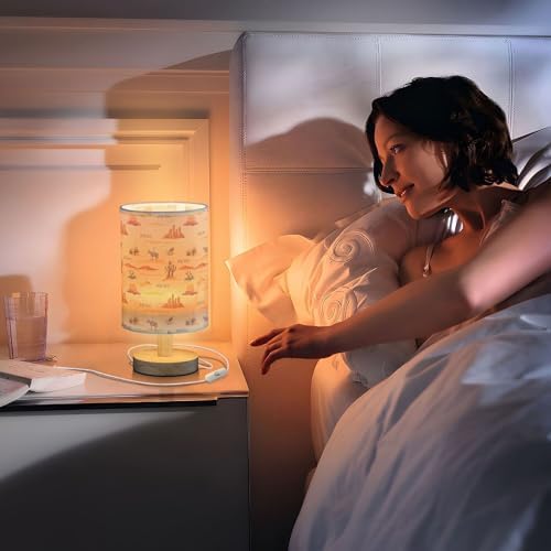 Table Lamp Vintage Sunset Desert Pattern Cactus Mountain Cowboy Horse Turkey Nightstand Lamp with Wood Base Fabric Lamp Shade Bedside Desk Lamp for Living Room Bedroom Kids Room Office