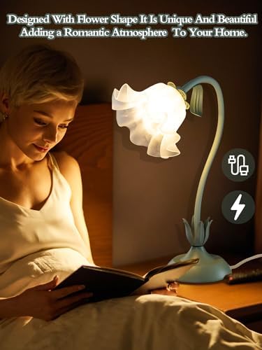Flower Table Lamp, LED Reading Light Bedside Vintage Night Light (Green)