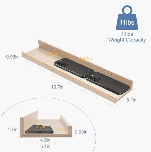 Oak Picture Ledge Shelves, 16 Inch Floating Wall Shelf Set of 2