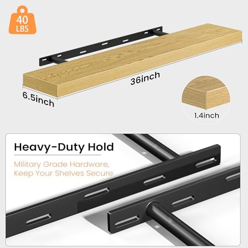 36 Inch Floating Shelves for Wall, Rustic Wood Wall Mounted Deep Storage Shelves with Invisible Brackets, Large Decorative Display Ledge for Living Room Bedroom Bathroom and Kitchen, Set of 2, Oak