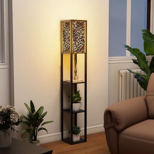 Standing Lamp with Shelves Tall Leopard Skin Stylish Blouse Leopard Skin Theme Modern Wood Corner Lamp for Bedroom Living Room Office Floor Lamp Mid Century Room Decor