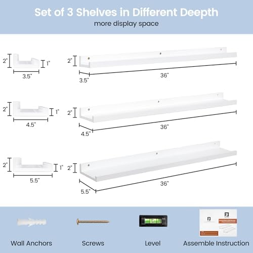 Picture Ledge Shelf for Wall, 36 inches Solid Pine Wood Nursery Book Shelves 3 Packs, Floating Ledge Shelves for Kids' Room Bedroom Bathroom Living Room Photo Frames Office Nursey Wall Decor, White