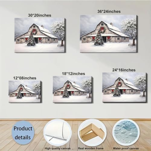 Framed Christmas Wall Art 20x30inch, Farmhouse Barn Pictures Wall Decor Winter snow Scene Canvas Painting Print Home Artwork Decorations for Bathroom Living Room Bedroom