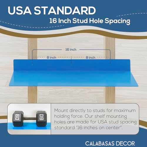 24x8 in Metal Floating Shelf Blue Wall Mounted - Made in The USA - Bedroom, Living Room, Bathroom, Kitchen