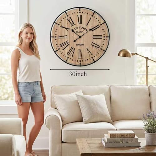 EMAX HOME 30 Inch Rustic Wall Clock, Warm Light Oak Wood Look with Black Iron Frame, Silent Sweep Movement, Clear Roman Numerals and Tick Marks, for Fireplace Mantel, Hallway, or Dining Room.