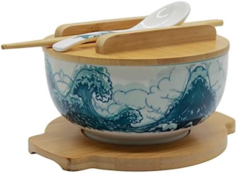 XWORLD Japanese Ceramic Ramen Noodle Bowls Set with Ceramic Spoon, Bamboo Chopsticks, Lid & Trivet, Serving Capacity of 33.8 OZ, Microwavable Oven Safety (3.3” x 6.6” D) (Blue Sea)