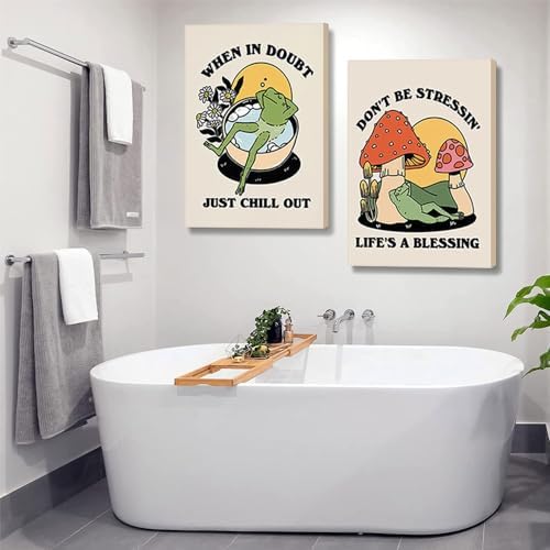 Retro Groovy Frog Mushroom Wall Art 70s Vintage Chill Quote Canvas Prints | Cute Animal Painting Cottagecore Positive Cozy Picture Wall Decor for Bathroom Bedroom Ready to Hang 12x16Inches