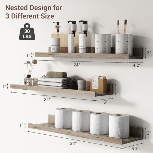 Axeman Picture Ledge Shelf, 24 Inch Grey Floating Shelves Set of 3