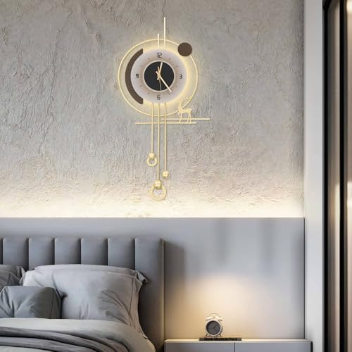 Wall Clock for Living Room, Large Gold Wall Clock with LED Light, Modern Decor Silent Non-Ticking Metal Clock for Living Room, Kitchen, Dining Room, Bedroom, Battery Operated,13.78 * 27.56in