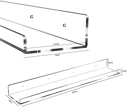 Jansburg Floating Shelves 24 inch Acrylic Wall Ledge Shelves Clear 2 Pack Invisible Display Bookshelf, 5MM Thick Premium Wall Mounted Shelf Bathroom Display Organizer