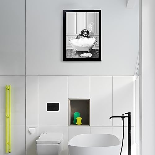Monkey in Tub - Black and White Animals Wall Art - Framed Canvas Wall Art, Black Framed Picture for Bathroom Wall Decor, Chic Animal Art for Kid Room Wall