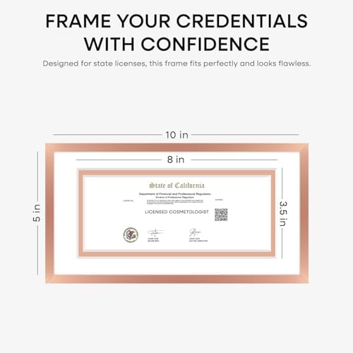Homeforia 5x10 Rose License Frame, High-End Metal, 3.5x8 Mat, Glass
