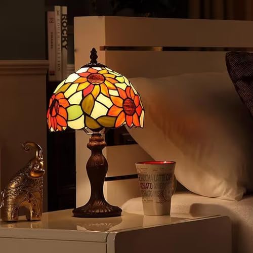 Tiffany Table Lamp,3 Color-Temperature Sunflower Stained Glass Lamp,8X8X15 Inch Small Accent Antique Nightstand Bedside Table Lamps for Bedroom Living Room Home Office Light +LED Bulb